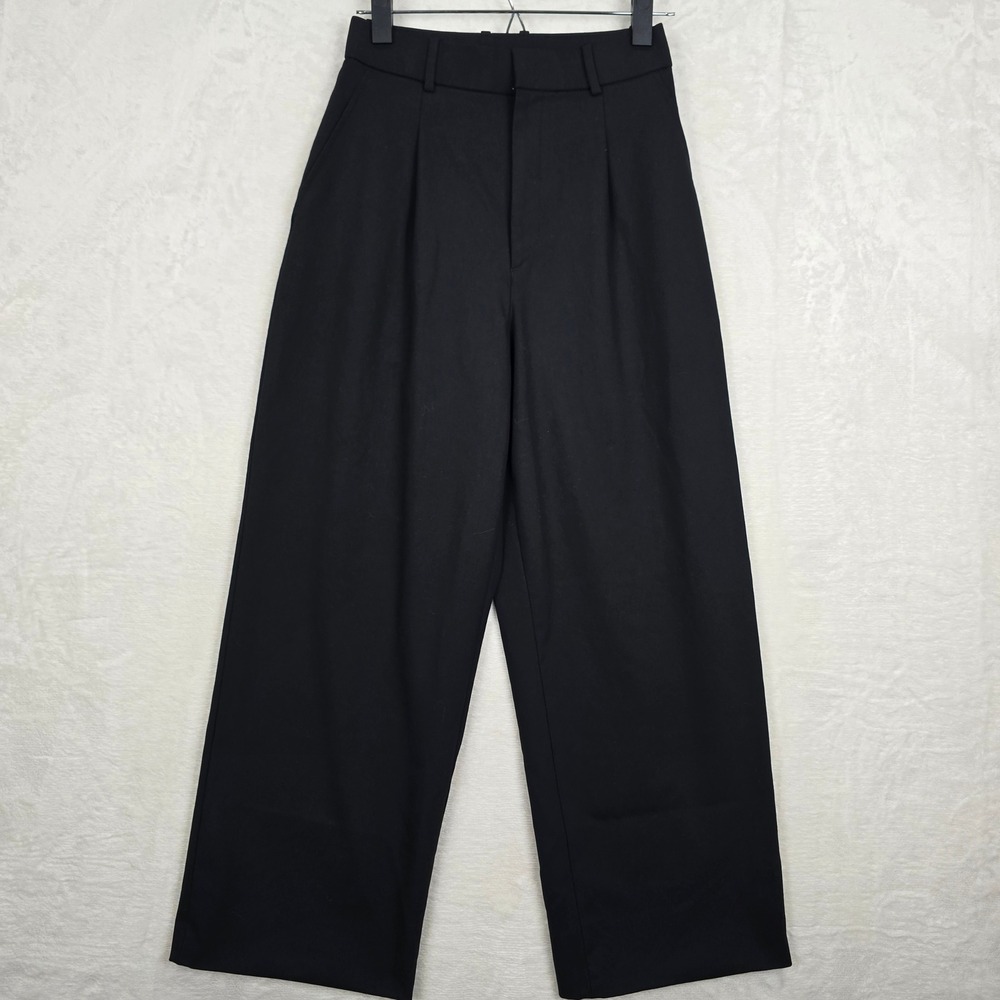Uniqlo Wide Leg Pleated Trousers Black High Rise Dress Pants 221-460311 XS